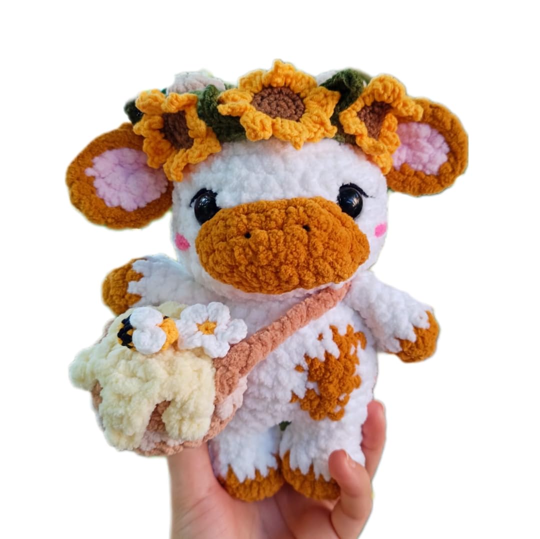 Handmade Sunflower Cow Plush – Soft Crochet Cow Stuffed Animal, Kawaii Plushie, Cuddly Cow Toy, Nursery Decor & Unique Handmade Gift