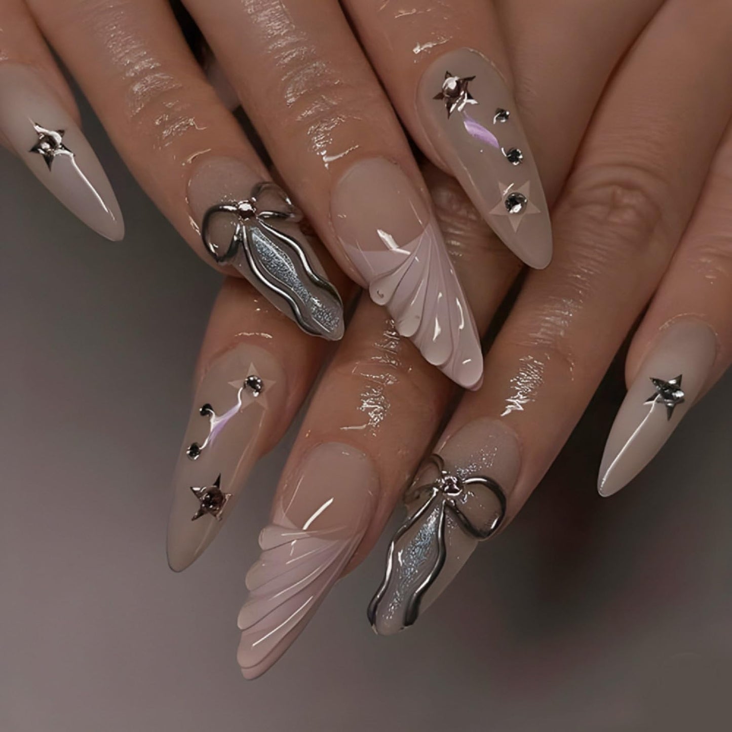 Almond Press On Nails Medium Fake Nails Bow With Star Rhinestone Design French Tip False Nails Full Cover Acrylic Nails Artificial Reusable Glue On Nail Stick On Nail For Women Manicure Art 24pcs