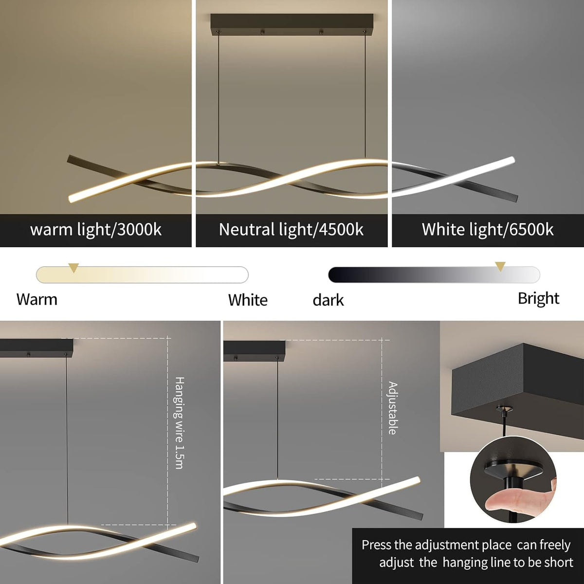 Modern Ceiling Chandelier Light, Acrylic Anti Flicker Pendant Lamp with Remote Control Dimmable 3 Color Mode & Brightness (Warm Cool Neutral Light) for Kitchen Bar Walnut