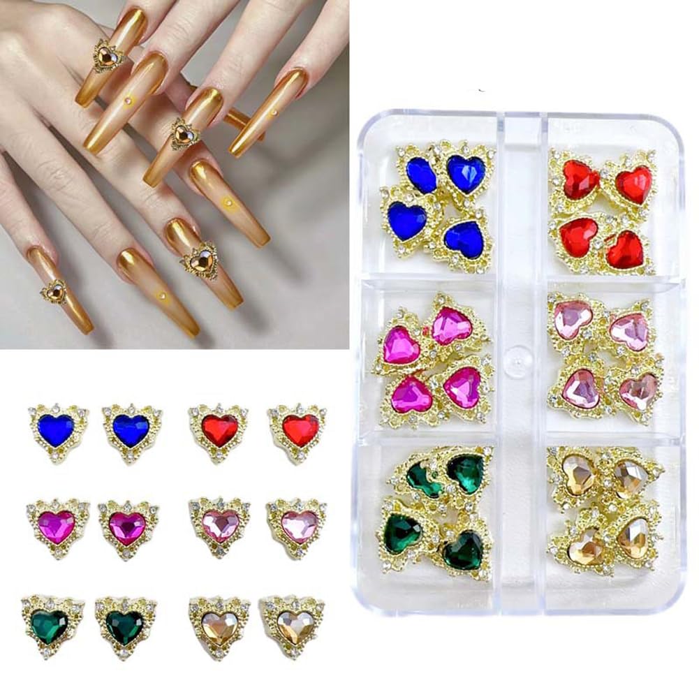 3D Heart Shape Nail Charms Luxury Shiny Alloy Rhinestone Golden Nail Crystal Diamonds Jewelry Studs Decoration 30PCS
