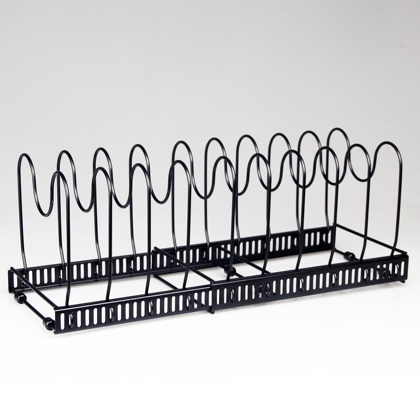 WUETOAYA Expandable Pots and Pans Organizer Rack, Pot Lid Kitchen Cabinet Organizer Holder with 10 Adjustable Compartment, Cookware Rack for Kitchen Cabinet Storage, Black