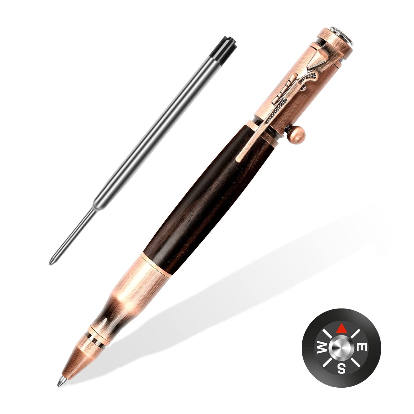 SHALORY Bolt Action Pen with Compass & Extra Refill,Birthady Gift Cool Gadgets for Men Wooden Ballpoint Pens Luxury Gel Ink Pens Medium Point 1.0 mm Black Ink