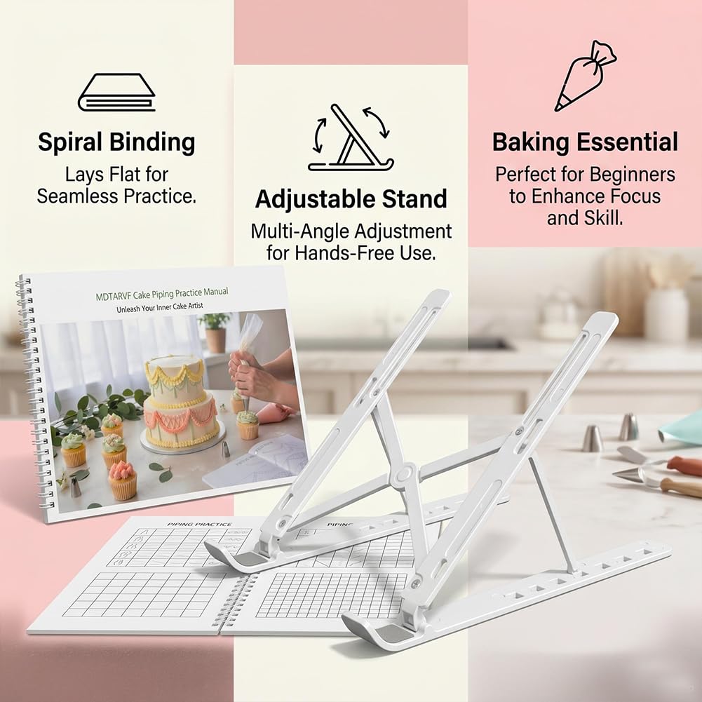 MDTARVF Upgraded Cake Practice Decorating Board with Adjustable Stand Thickened Waterproof, 23 Sheets Icing Piping Nozzles Practice Drawings Cake Decorating Kit Baking Supplies for Beginner Home Baker