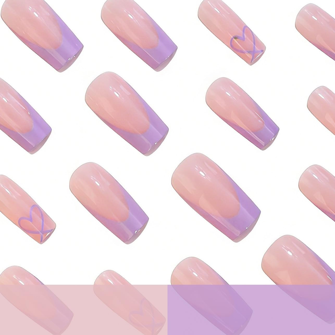Coffin Press on Nails Medium - Purple French Tip Fake Nails with Heart Design - Glossy Full Cover Stick on False Nails - for Women 24 Pcs
