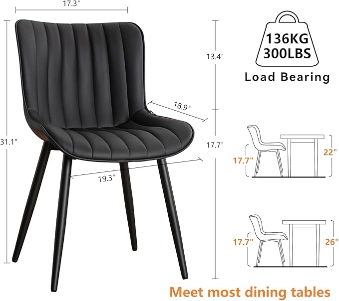 YOUNUOKE Black Dining Chairs Set of 2, Faux Leather Upholstered Kitchen & Dining Room Chairs with Back, Mid Century Modern Minimalist Accent Chair Armless for Guest Reception Waiting Living Room