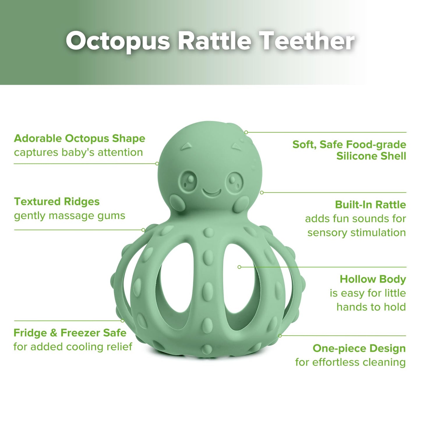 haakaa 2-in-1 Baby Teething Toy,Octopus Teether with Gentle Rattle,Soft Textured Teether for Sore Gums,Easy to Grasp Sensory Toy for Babies 3M+,Pea Green