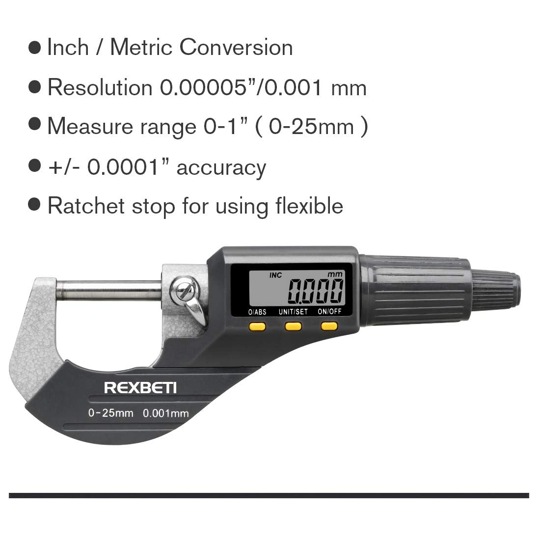 REXBETI Digital Micrometer, Professional Inch/Metric Measuring Tools 0.00005"/0.001 mm Resolution Thickness Gauge, Protective Case with Extra Battery