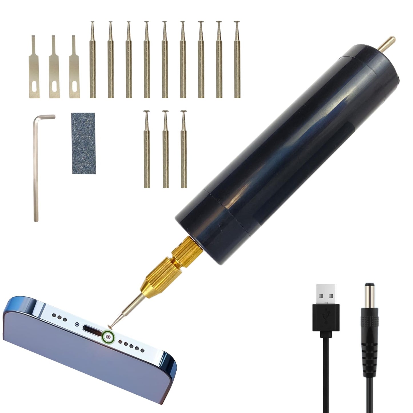 Damaged Screw Removal for Cell Phone, Broken Screw Extractor Kit for iphone, iphone Repair Tool, Electric Screw Cutter for Small Screw,4 size Heads, USB 5V Power Supply, Screw Extractor for Laptop/Pad