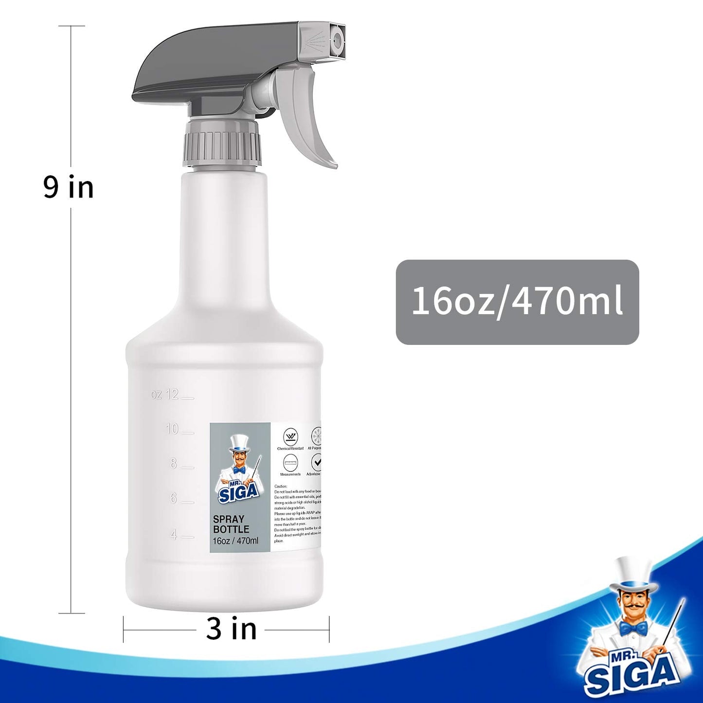 MR.SIGA 16 oz Empty Plastic Spray Bottles for Cleaning Solutions, Heavy Duty Household Reusable Spray Bottles with Measurements and Adjustable Leak Proof Nozzle, 3 Pack