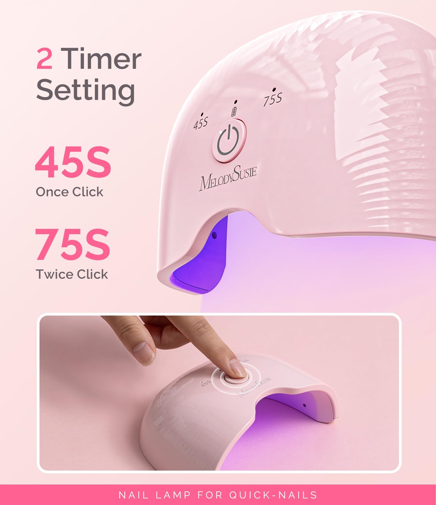 MelodySusie Mini Cordless UV Nail Lamp, P-ART06G Rechargeable Portable LED UV Light with Smart Sensor, 4-Finger Curing for All Soft Gels, Especially Half-Cured Gel, Base Coat & Top Coat, Pink