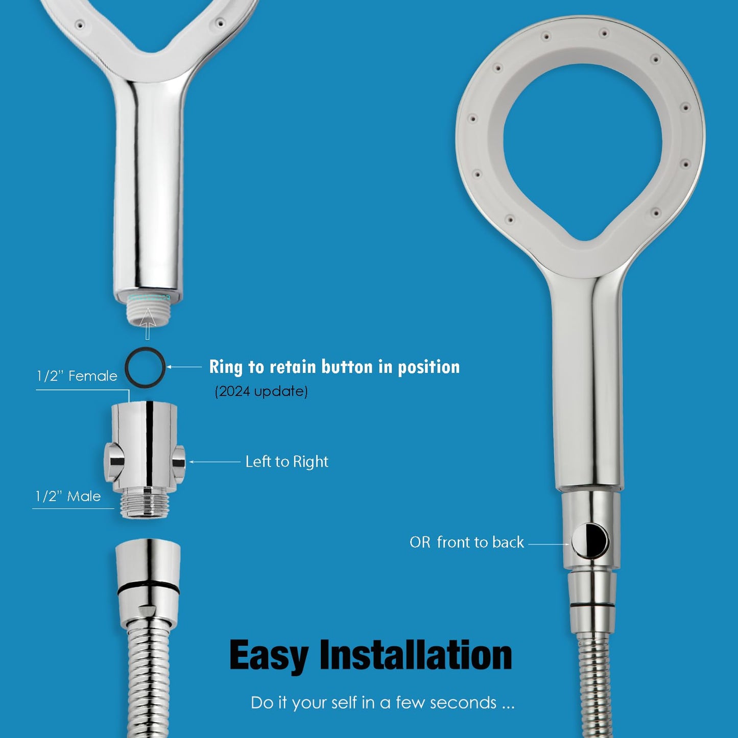 Shower Head Water Shut Off Valve - Pair Pack - Large Button - Water Flow regulator for Shower Hose or Bidet Sprayer - Bathroom & Kitchen water valve (Polished Chrome)