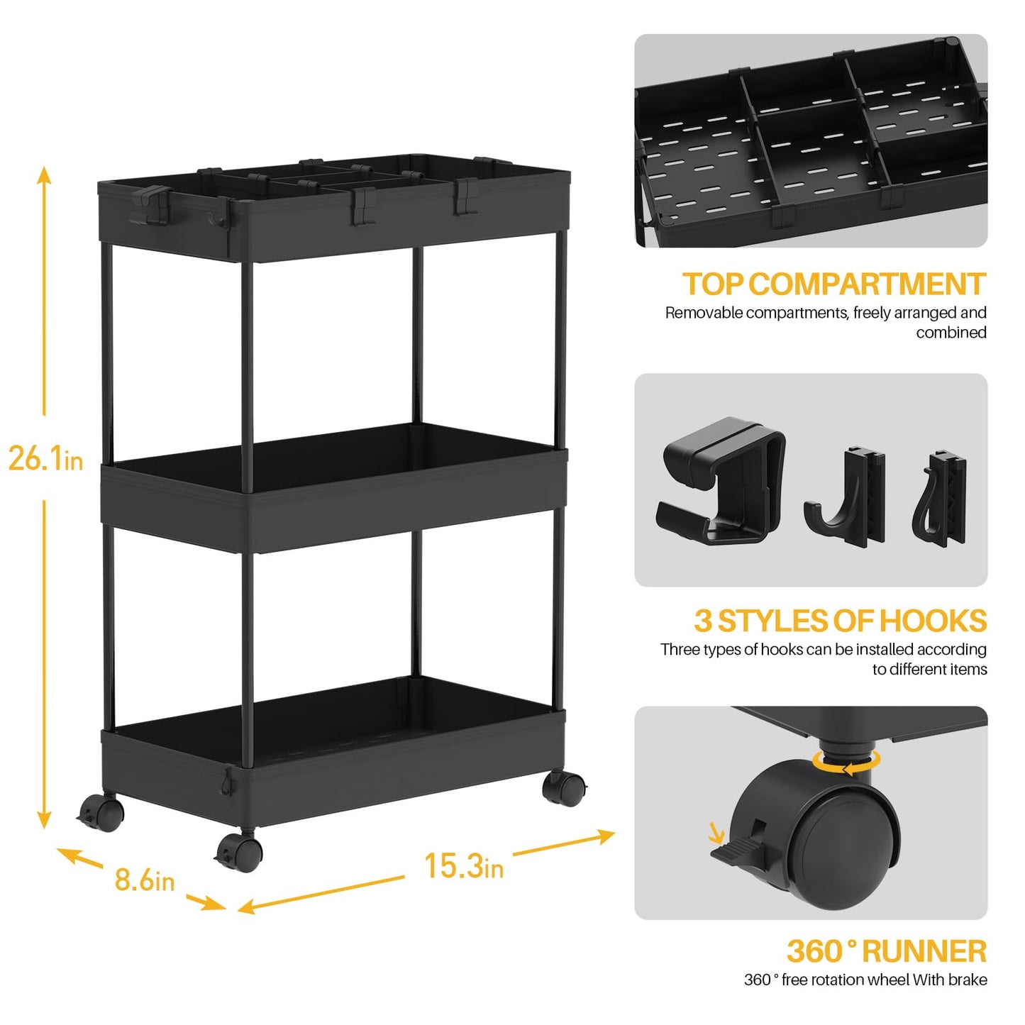 SPACELEAD 3 Tier Rolling Cart with Wheels, Storage Craft Art Trolley Organizer Serving, 3 Hanging Baskets Easy Assembly, for Office, Bathroom，Living Room, Kitchen, Black