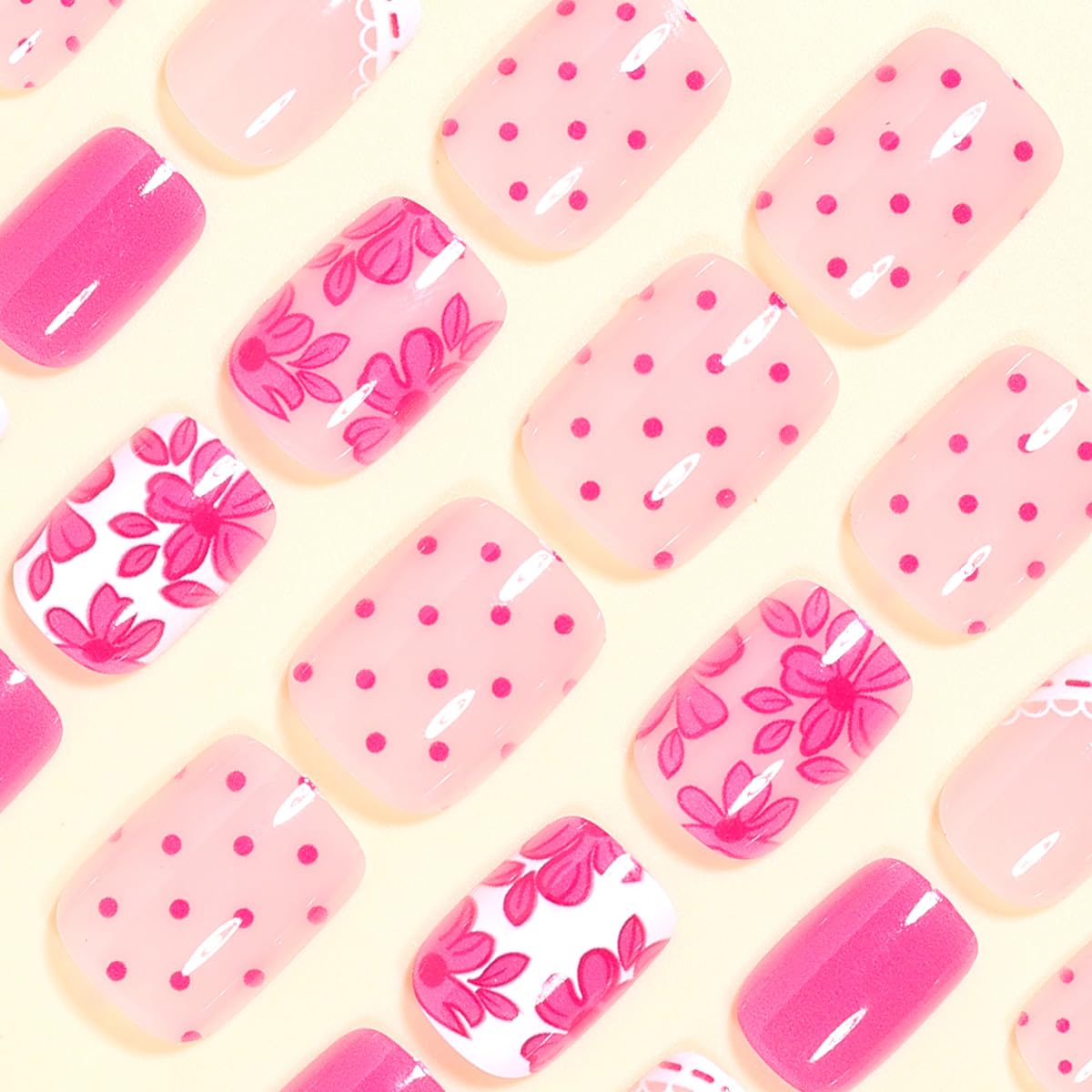 LINMEIZAI Press on Nails Short Square Spring Flower Glossy Acrylic Fake Nails Press ons Glue on False Nails for Women Reusable Cute Manicure Set White Polka Dots Stick on Nails French Tip 24Pcs