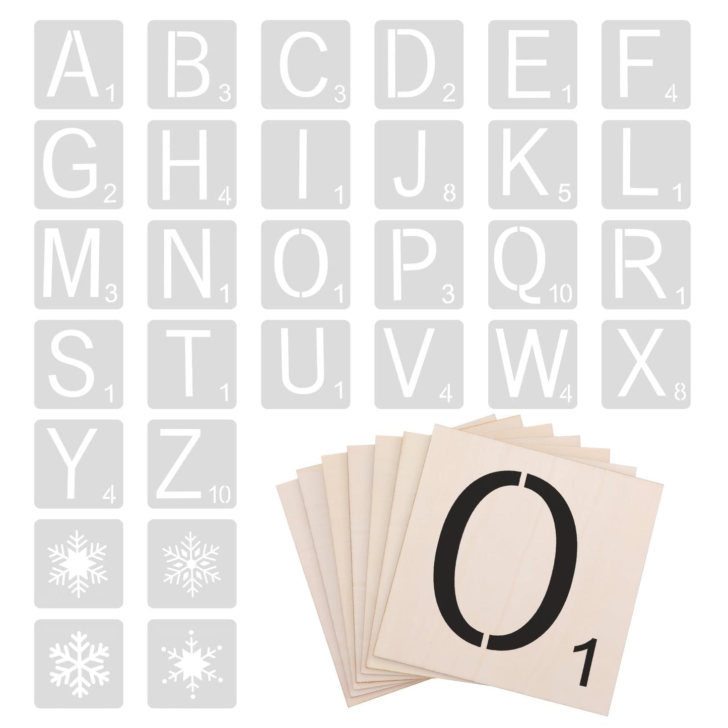 36pcs 5 Inch Wooden Squares for Crafts, 30 Large Letter Stencils Custom Stencil Set, Letters for Wall Decor, Tiles for Crafts, Unfinished Wooden Letters for Painting Home Farmhouse