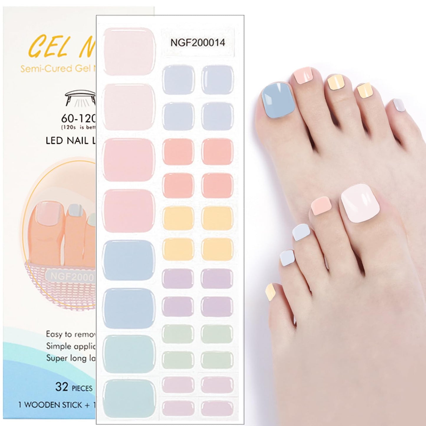 SILPECWEE Semi Cured Gel Nail Strips, Toenails Stickers Full Nail Wraps UV Light Required, Salon Quality, Easy to Apply & Remove, Toenail Strips for Women Girl (Candy-Colored Delight - 32PCS)