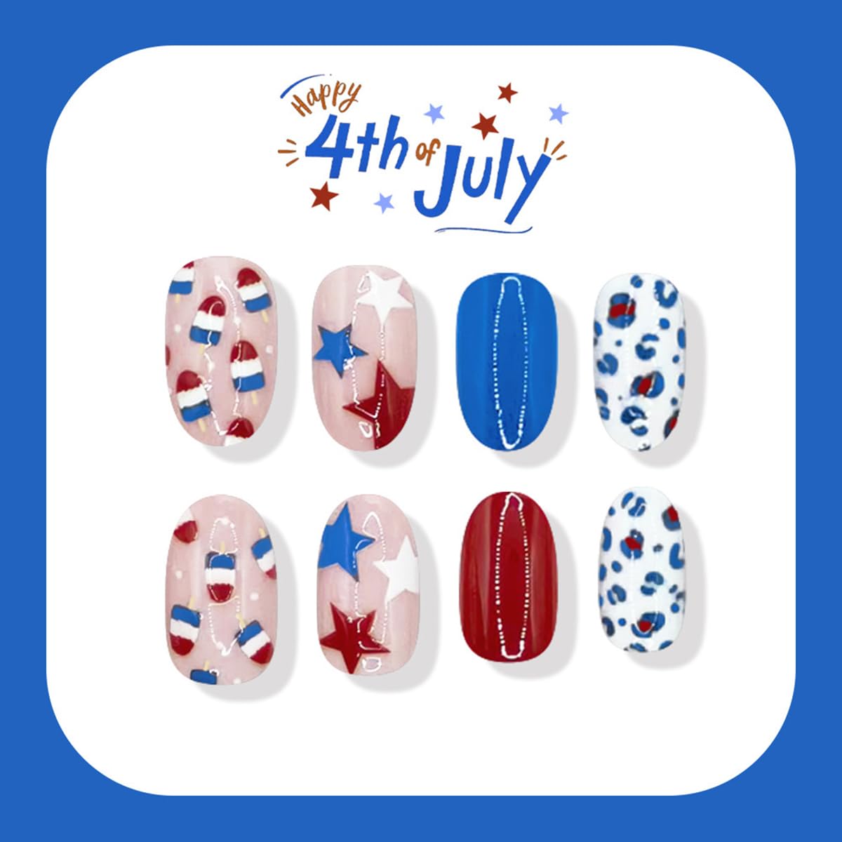 24 Pcs Independence Day Press on Nails Short Almond WLGDLH July 4th Fake Nails, Blue Red False Nails with Star Leopard Print Design, Short Oval Glue on Nails for Women Manicure, Glossy Finish