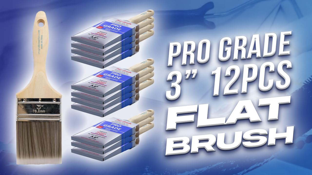 Pro Grade Paint Brushes 3 Inch Flat Paint Brush Set for Walls Trim Cabinets Doors Professional Painter Contractor Interior Exterior 12 Pack