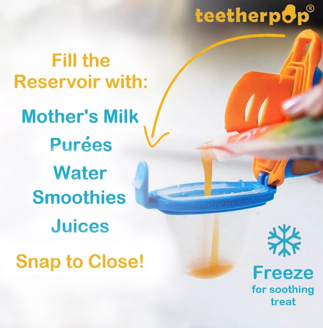 Teetherpop Fillable Silicone Teether for Babies (3-Pack) – Breastmilk Popsicle Molds for Teething w/Spill-Proof Sippy Slits – Baby Teethers for Liquid & Purée – Cooling Teething Relief (BlueOrange)
