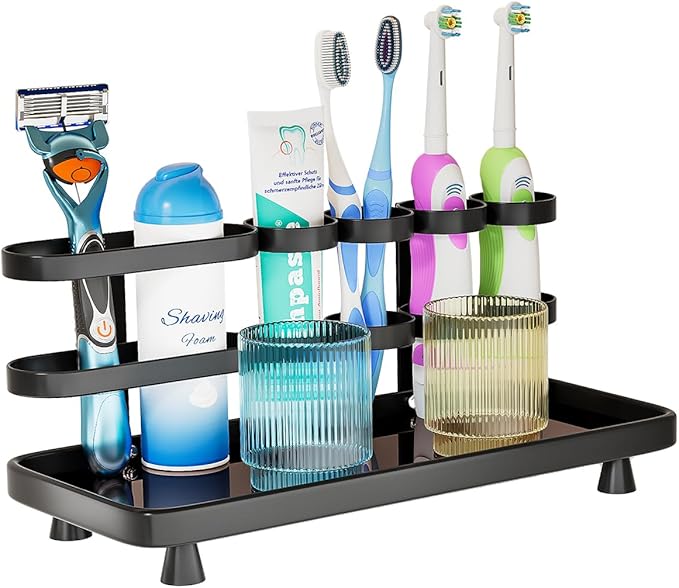 Toothbrush Holders for Bathrooms, Metal Electric Toothbrush and Toothpaste Organizer, Vanity Countertop Bathroom Accessories Organizer Storage, Black