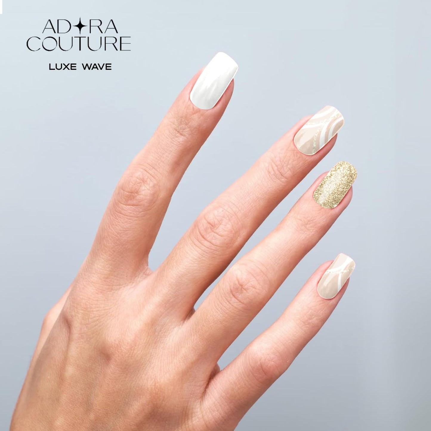 Adora Couture Semi Cured Gel Nail Strips with 20 Pieces - UV Gel Stickers, Manicure Kit, Easy Application Wraps Includes Prep Pads, Nail File, Wooden Stick - UV Light Required (Luxe Wave)