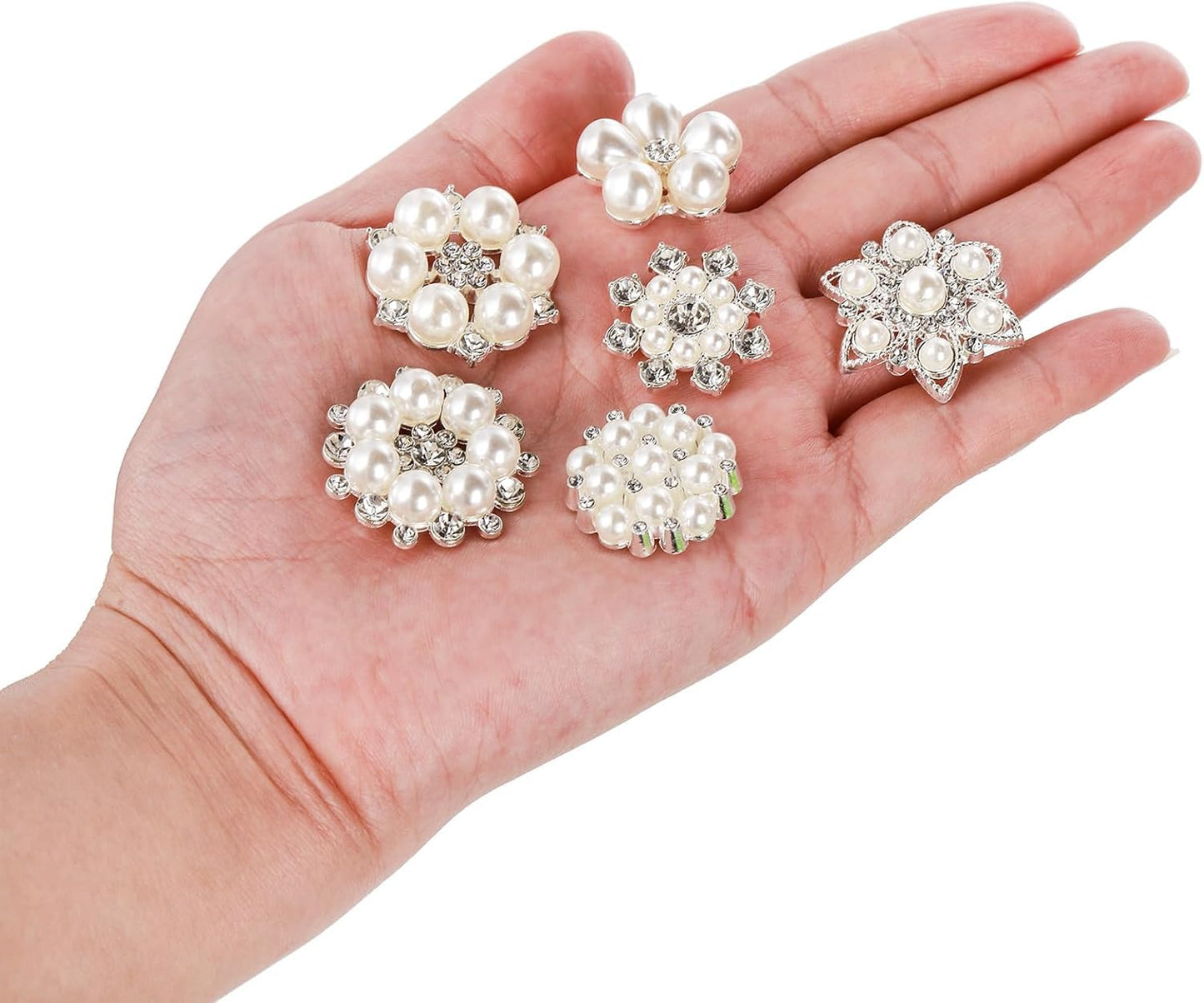 Frcctre 30 Pack Pearl Rhinestone Buttons, 6 Styles Embellishments Button Faux Pearl Button, Flat Back Flower Crystal Buttons for DIY Craft Jewelry Making Wedding Bridal Bouquet Party Home Decoration