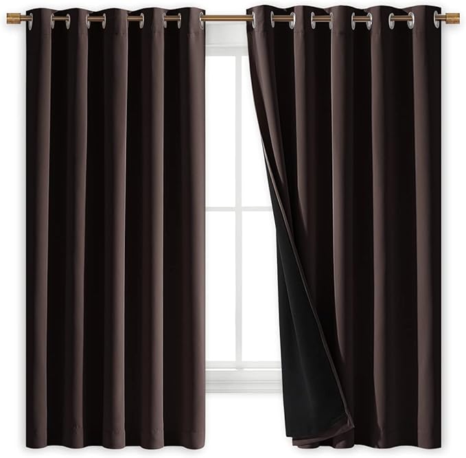NICETOWN 100% Blackout Lined Curtains, Brown, 1 Pair, 62" Width x 63" Length Each Panel, 2 Thick Layers Completely Blackout Window Treatment Thermal Insulated Drapes for Kitchen/Bedroom