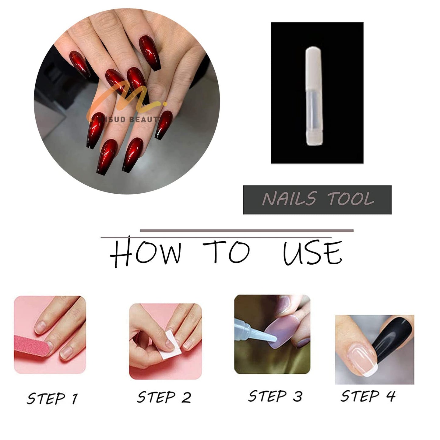 MISUD Press on Nails - Long Coffin Glue on Nails with Goth Black Red, Acrylic Gothic Vampire Design 24 pcs