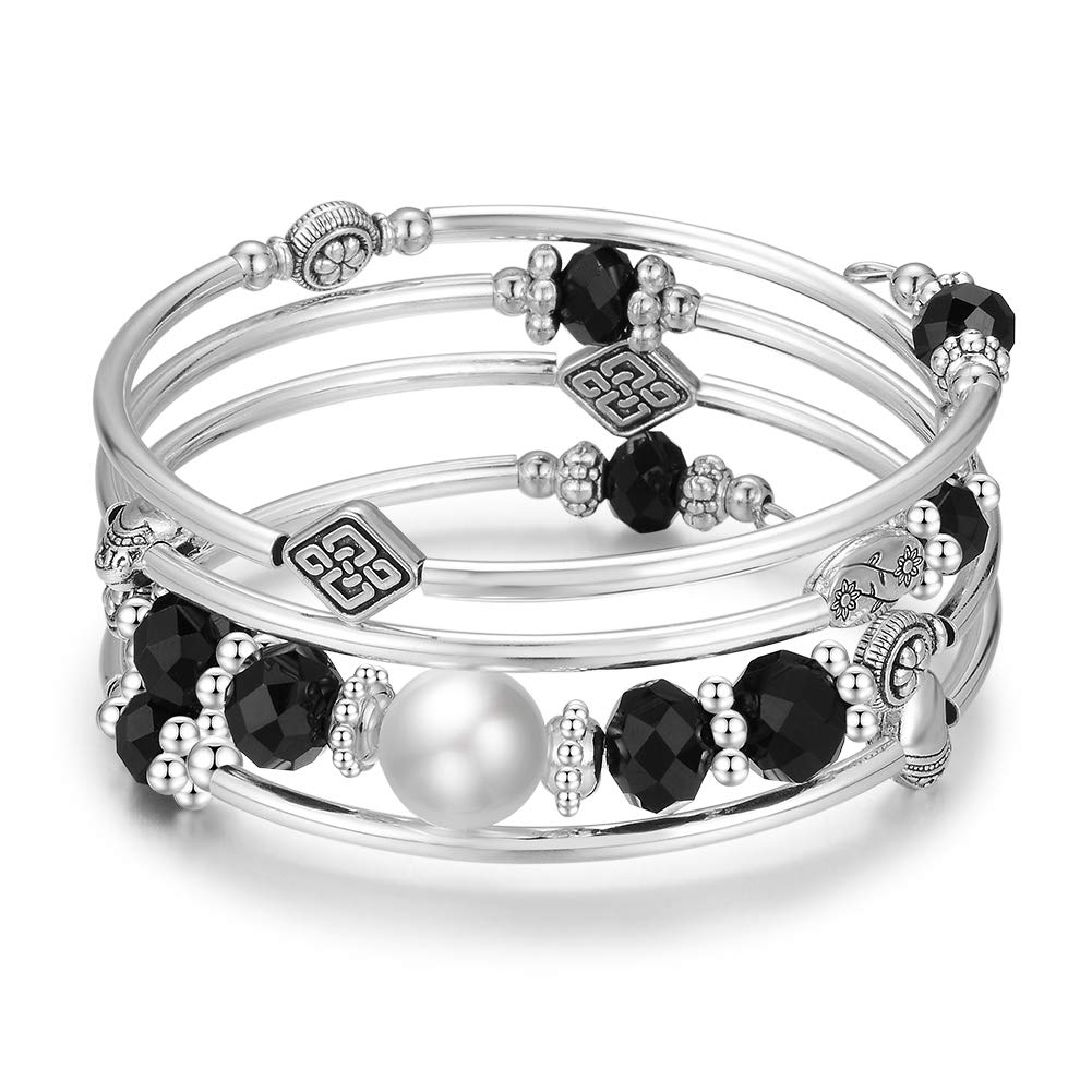 BULINLIN Bead Wrap Bangle Pearl Bracelet - Silver Metal Bracelet Gifts For Women(04-Black)