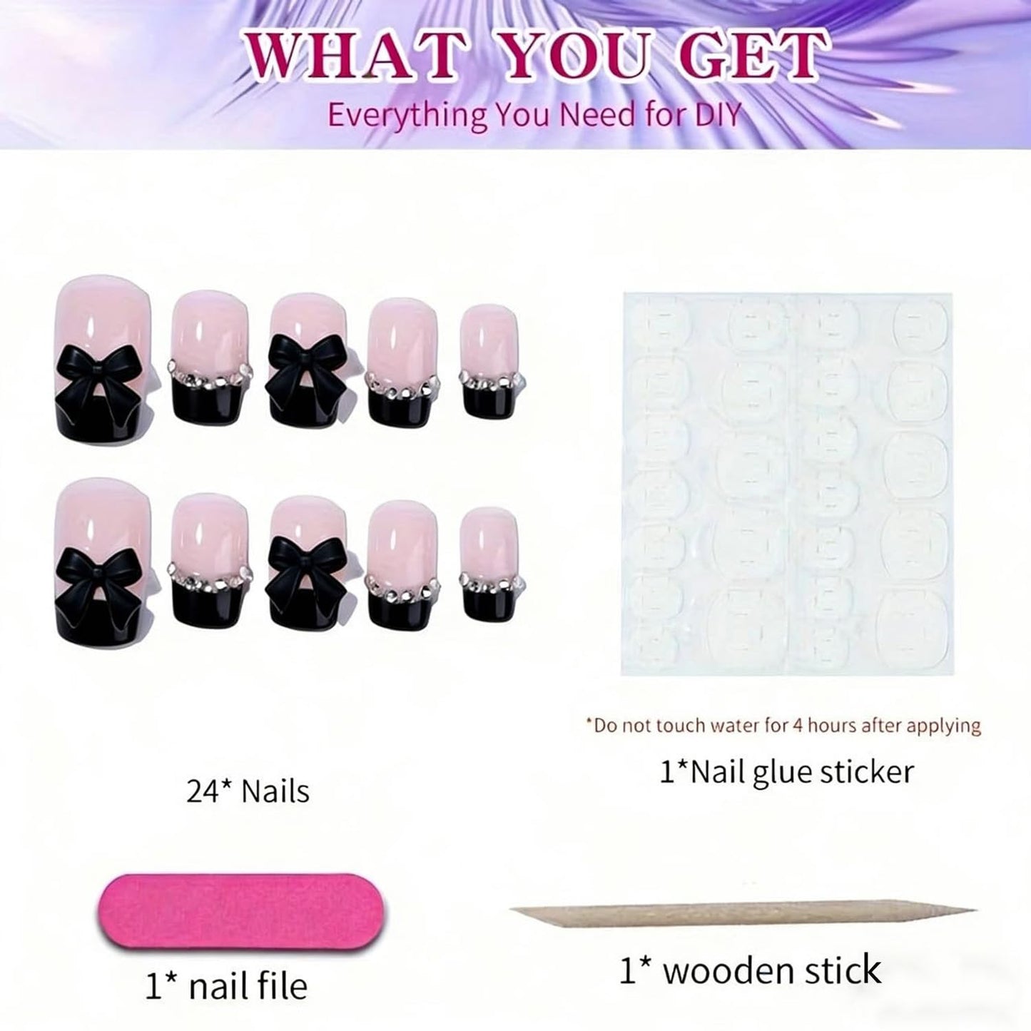 French Tip Press on Nails Short Square Fake Nails with Rhinestone Designs Black French Tip False Nails - Bow Full Cover Glossy Stick on Nails Black Reusable Acrylic Nails for Women