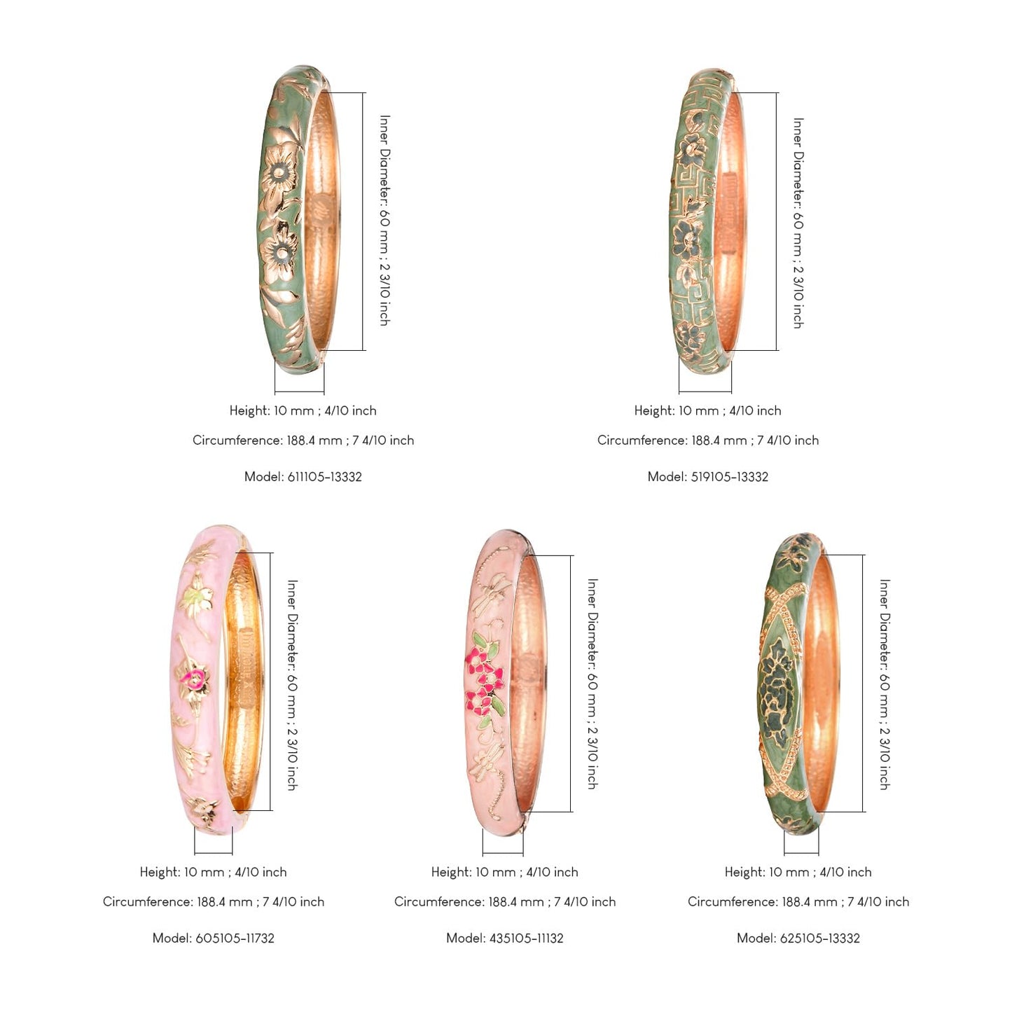 UJOY Bangles 5 Pcs Enamel Jewelry Set Rose Flower Engraved Cloisonne Bracelets Pack in a Box 5PCS Green Pink