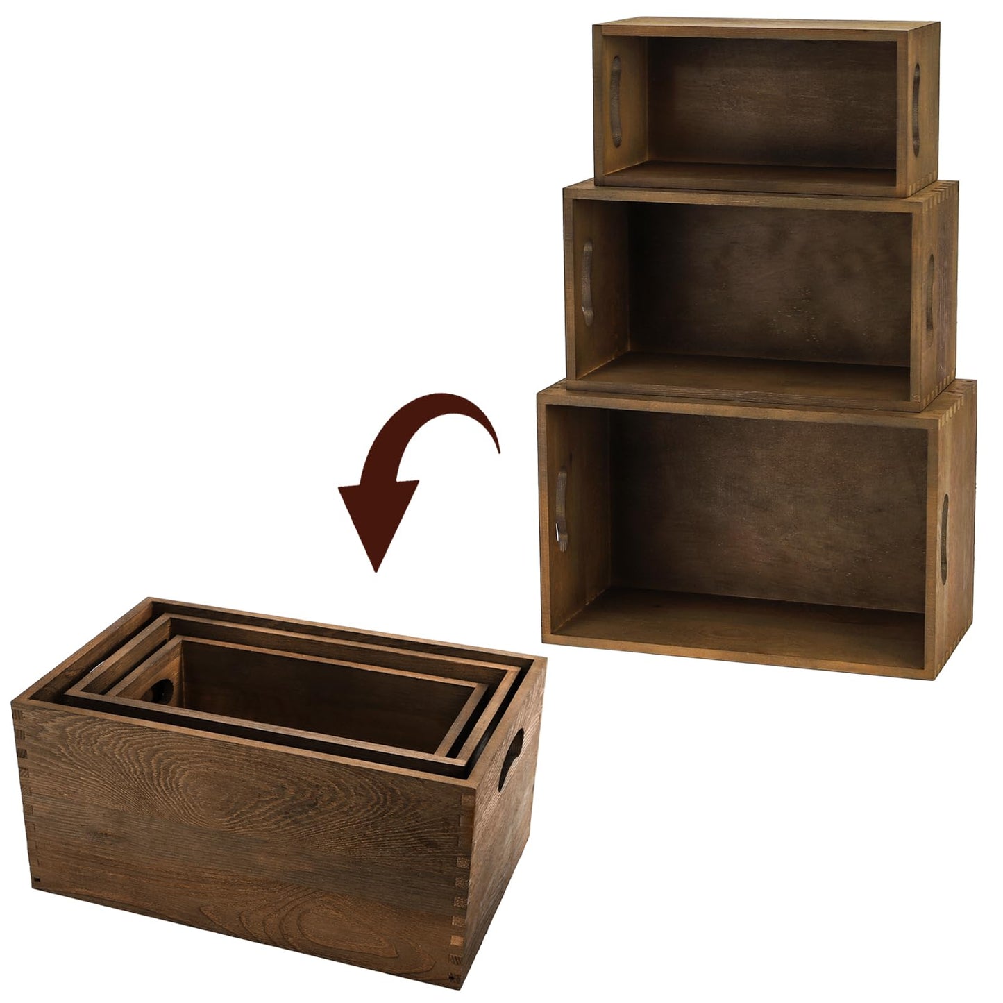 Hedume Set of 3 Nesting Wooden Crates, Wood Crate Box with Handle, Rustic Brown Decorative Wood Storage Crates Container, Stackable Cube Basket Bins Organizer for Home, Office, Closet, Shelf