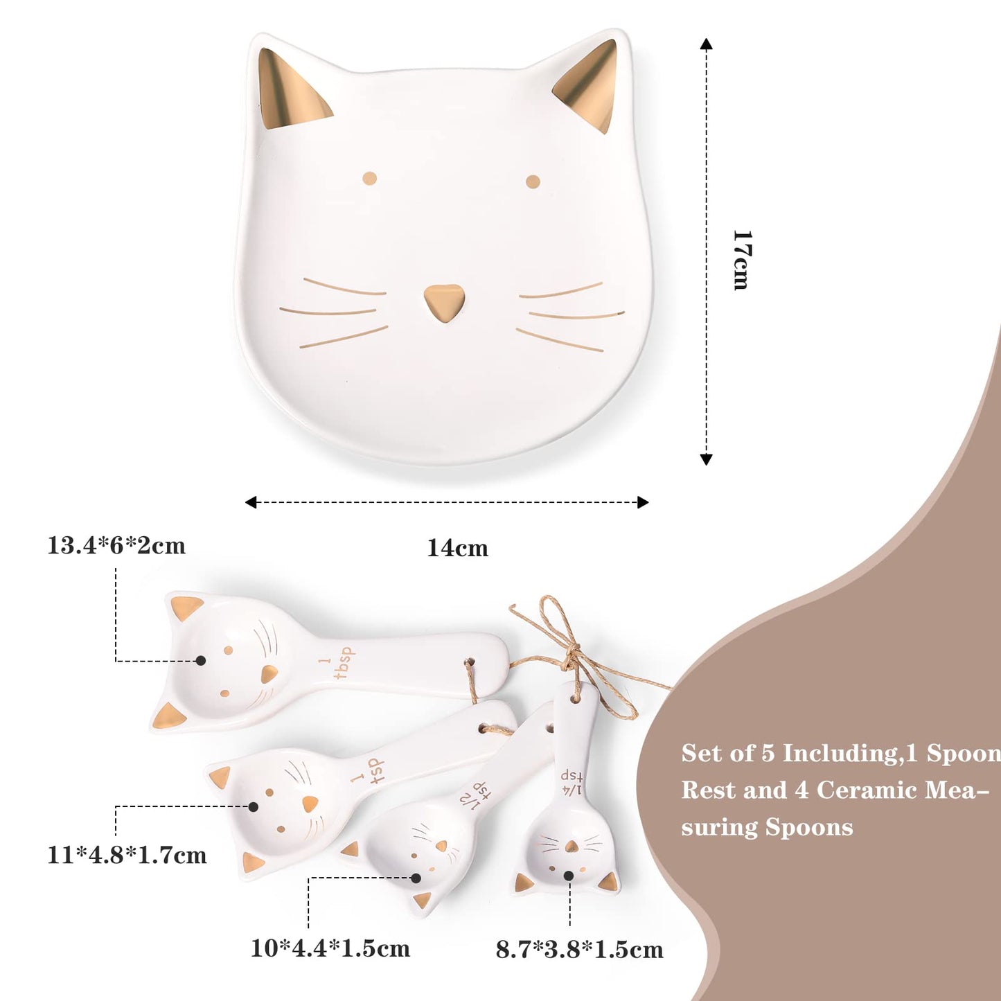 Patelai 5 Pcs Cat Measuring Spoons Set Kitchen Ceramic Counter Cat Ceramic Soup Spoon for Christmas Women Gift(White)