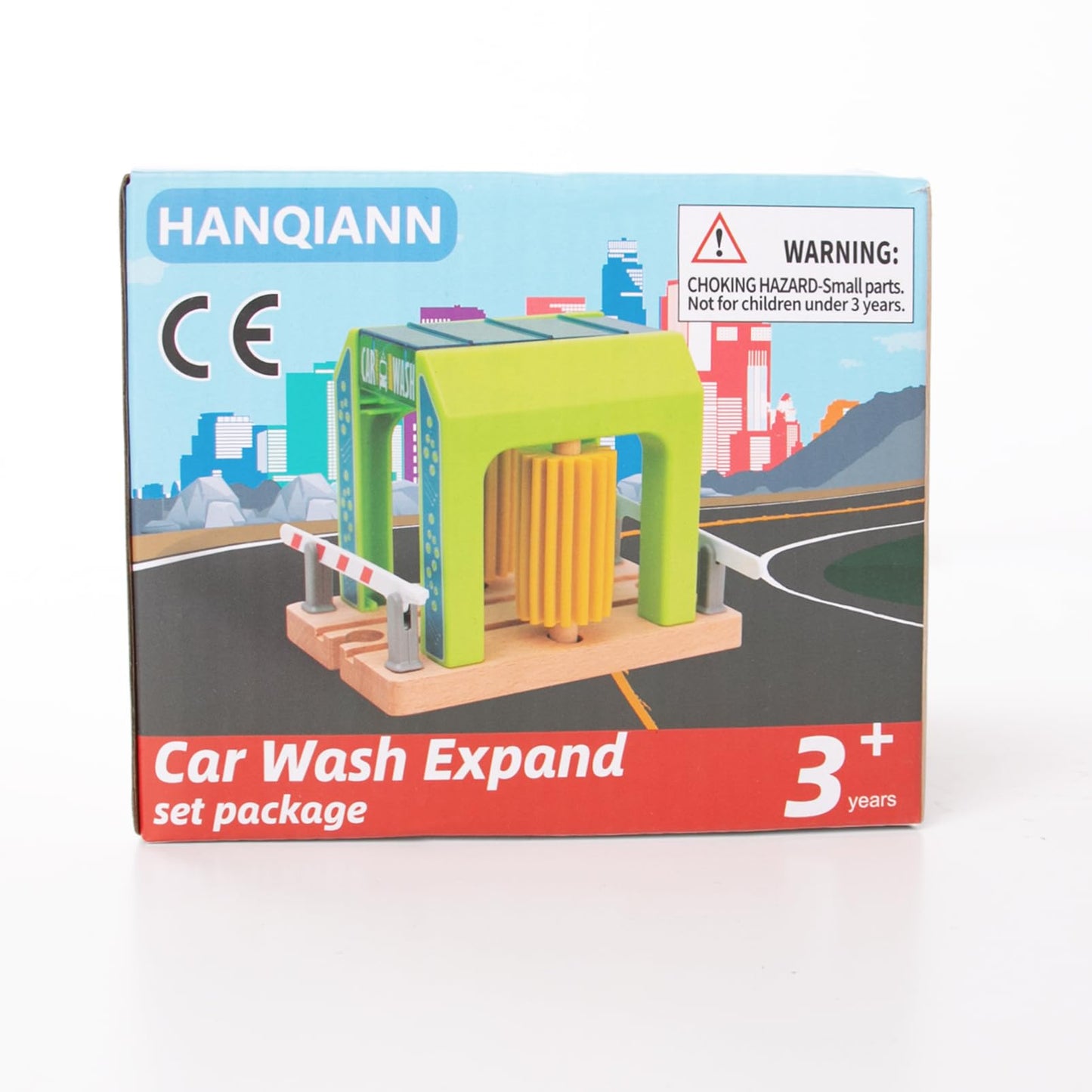 Wooden Car Wash Station with Train Truck,Expansion Pack Compatible with Railway Train Set,Wooden Toy Train Accessory for Kids Age 3 and Up