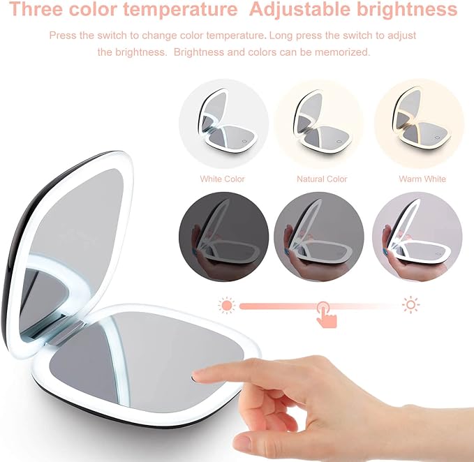 Mocado Compact LED Magnifying Travel Makeup-Mirror - 4 inches 1X/10X Magnification Small Hand Pocket Dimmable Double Sided USB Rechargeable Touch Screen, Portable Tabletop Cosmetic (Black)