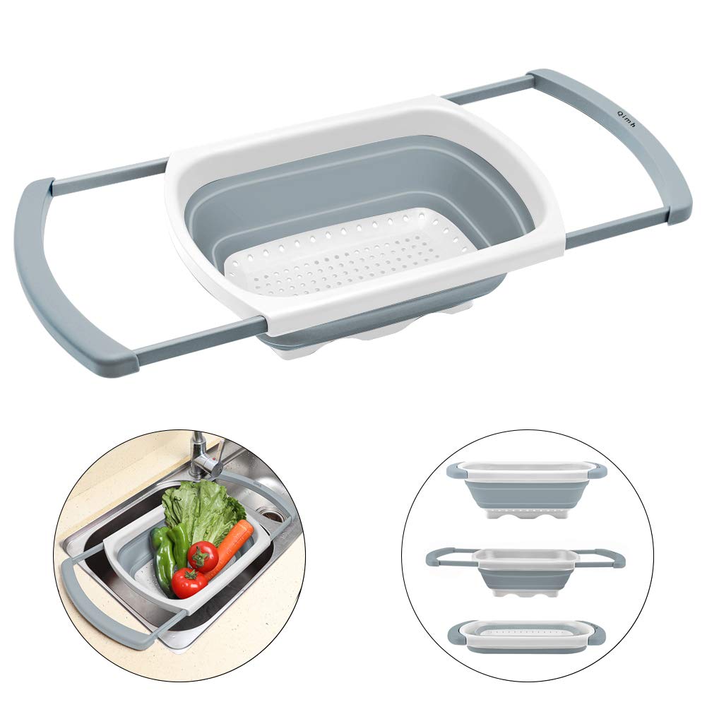 Qimh Collapsible Colander | Over The Sink Silicone Kitchen Strainers and Colanders with Extendable Handles | Veggies, Fruit and Pasta Foldable Strainer for Kitchen, 6-Quart, BPA Free