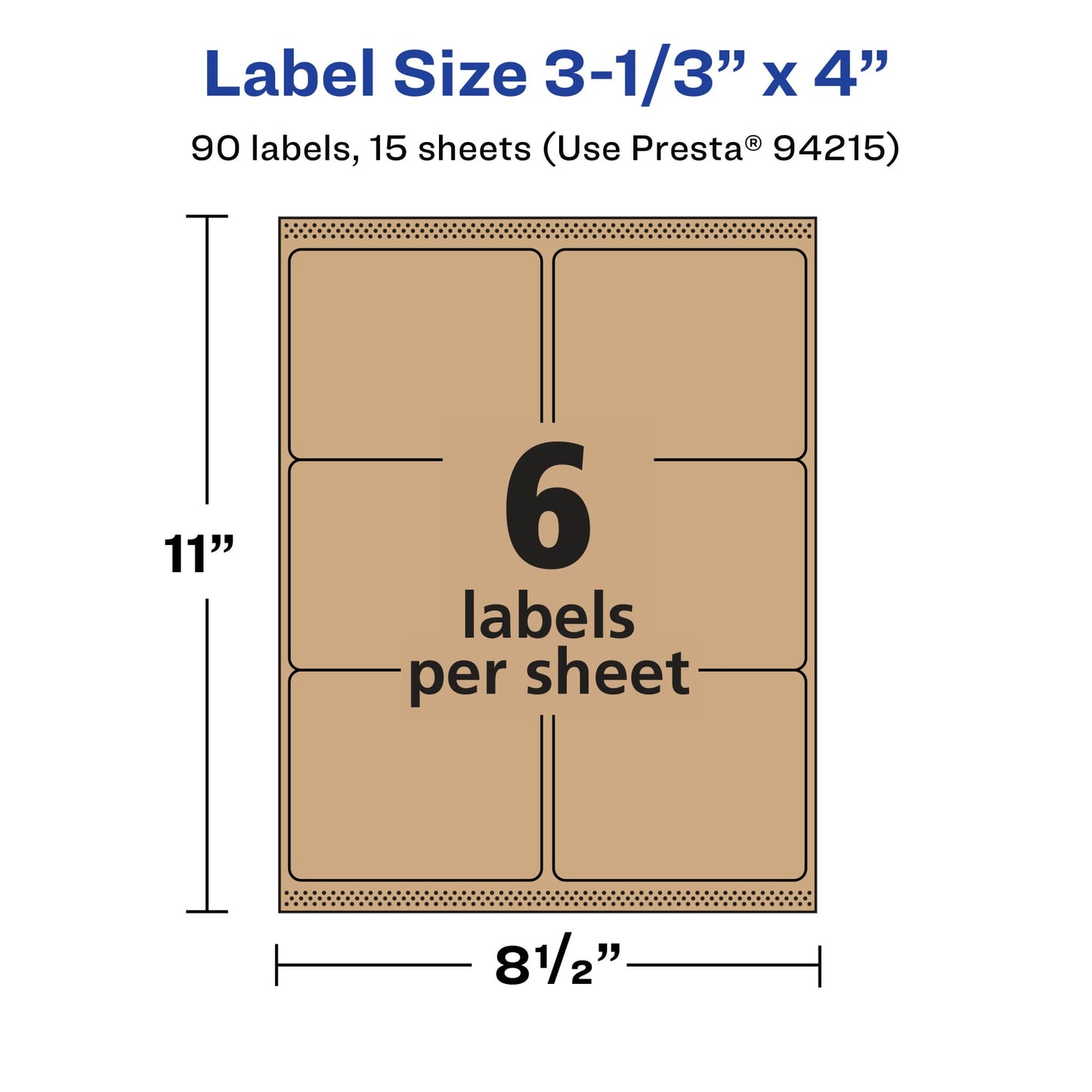 Avery Kraft Brown Rectangle Labels, Sure Feed Technology, 3-1/3" x 4", 90 Kraft Brown Labels, Laser/Inkjet Printable
