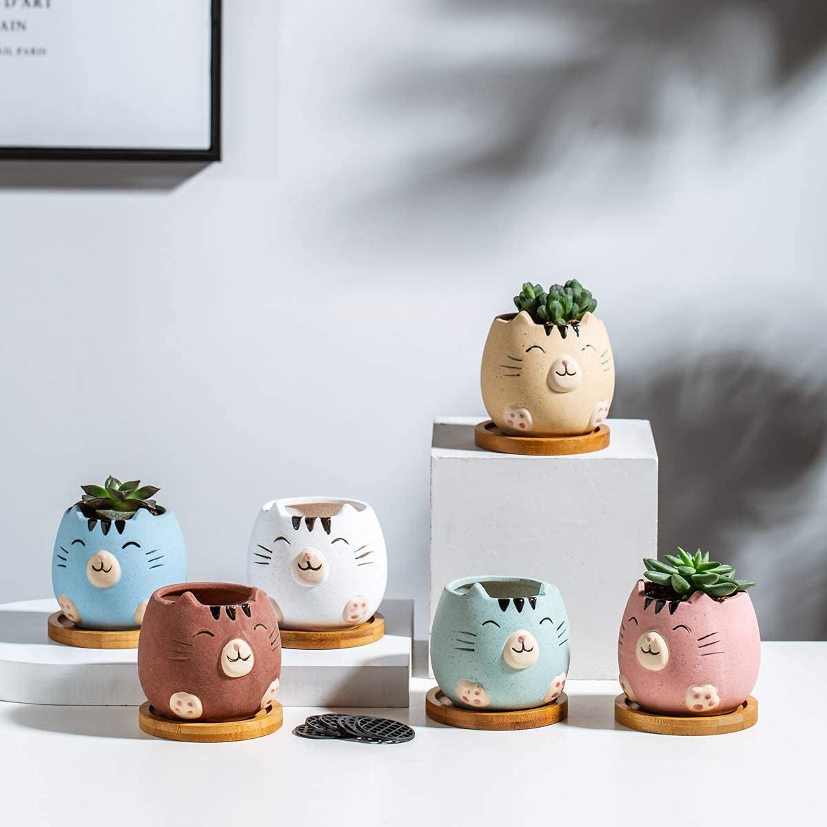 6Pack 3.4inch Small Ceramic Animal Planter Pots for Baby Succulent with Drainage and Bamboo Tray (Matte Cats)