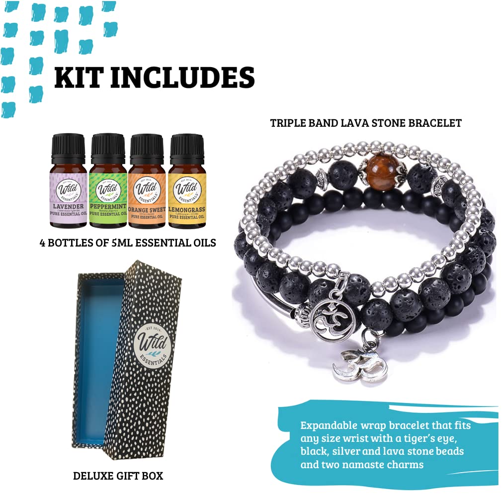 Wild Essentials Triple Band Namaste Lava Stone Essential Oil Diffuser Wrap Bracelet, Expands to Any Size, Aromatherapy Jewelry Gift Set and 100% Pure Oils (Lavender, Lemongrass, Orange, Peppermint)