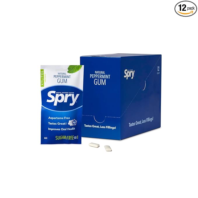 Spry On The Go Fresh Natural Xylitol Chewing Gum Dental Defense System - Aspartame-Free, Sugar-Free, Non-GMO (Peppermint, 55 Count - Pack of 12)