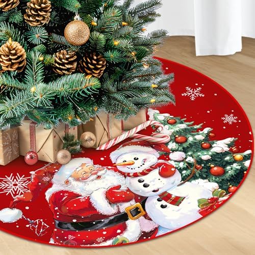 Christmas Tree Skirt 48 inch, Red Plush Snowman Snowflakes Christmas Tree Skirt, Farmhouse Xmas Tree Skirt Ornaments for Christmas Tree, Holiday Decor Party Christmas Decorations (48 inch)