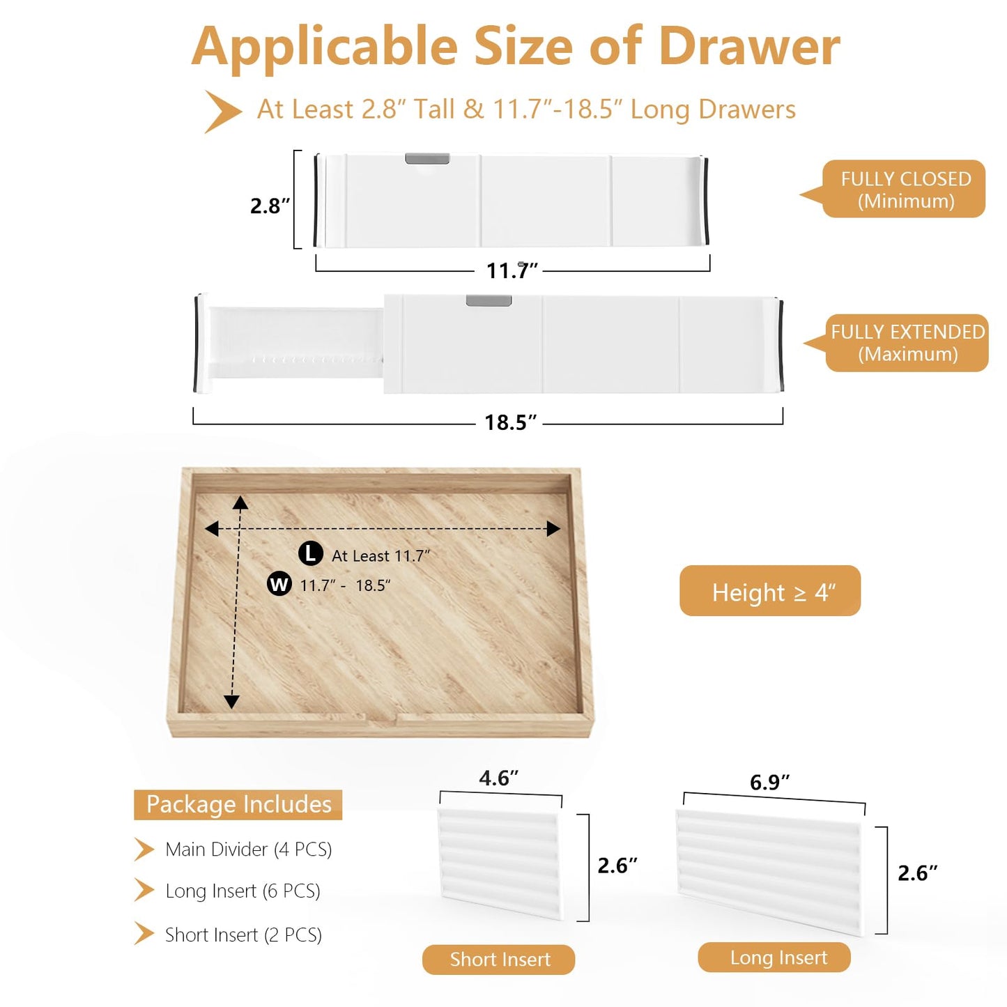 KABUM Upgrade Adjustable Drawer Divider Organizer Clothes Dresser Organizer,Expandable Organization for Home, Office,2.8" High Expandable from 11.7" to 18.5",4 Dividers with 6 Long and 2 Short Inserts