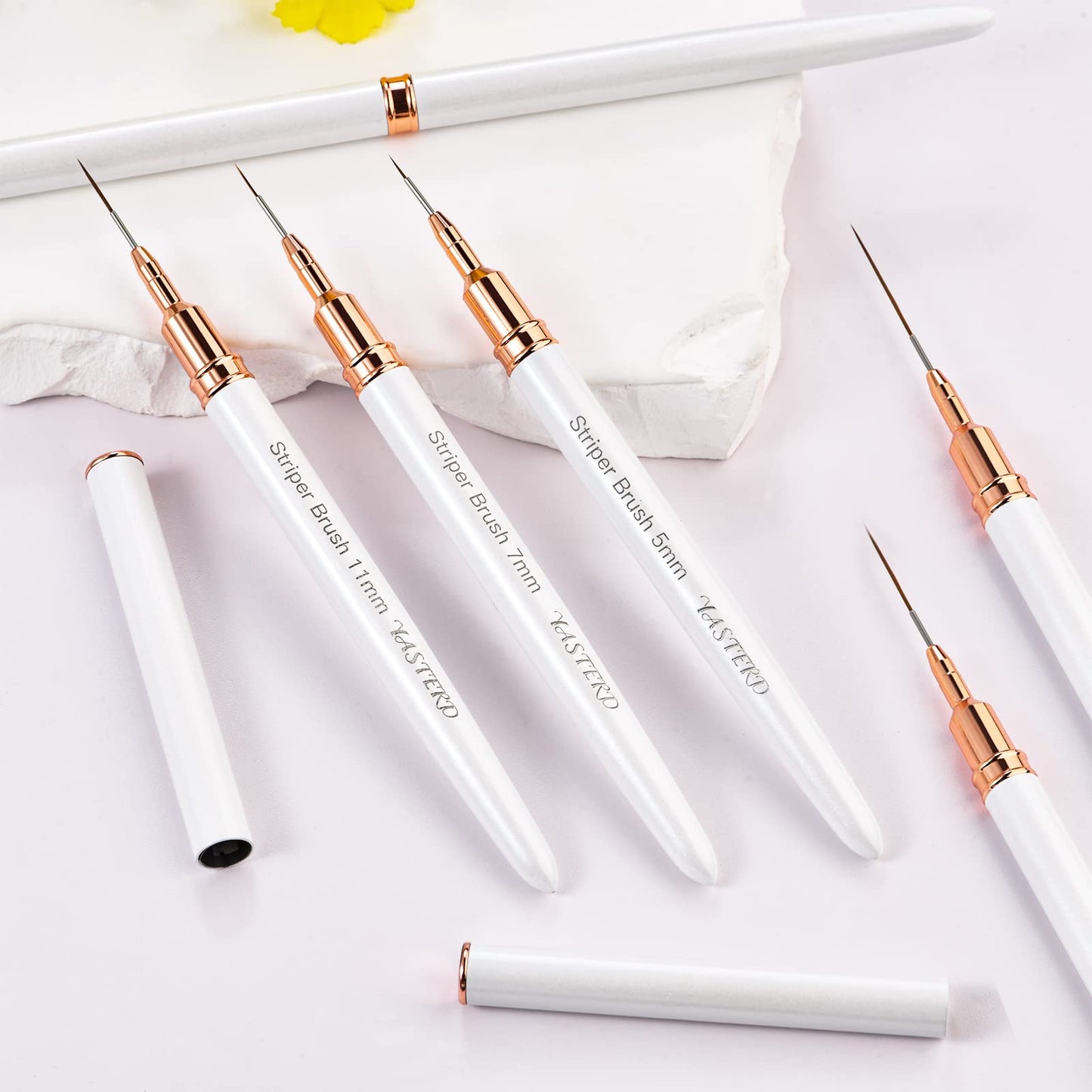 Yasterd 6pcs Striper Brush Set - Long Lines, Thin Details, Elongated Lines, White Metal Handle Nail Brushes for Nail Art - Sizes 5/7/9/11/15/25mm