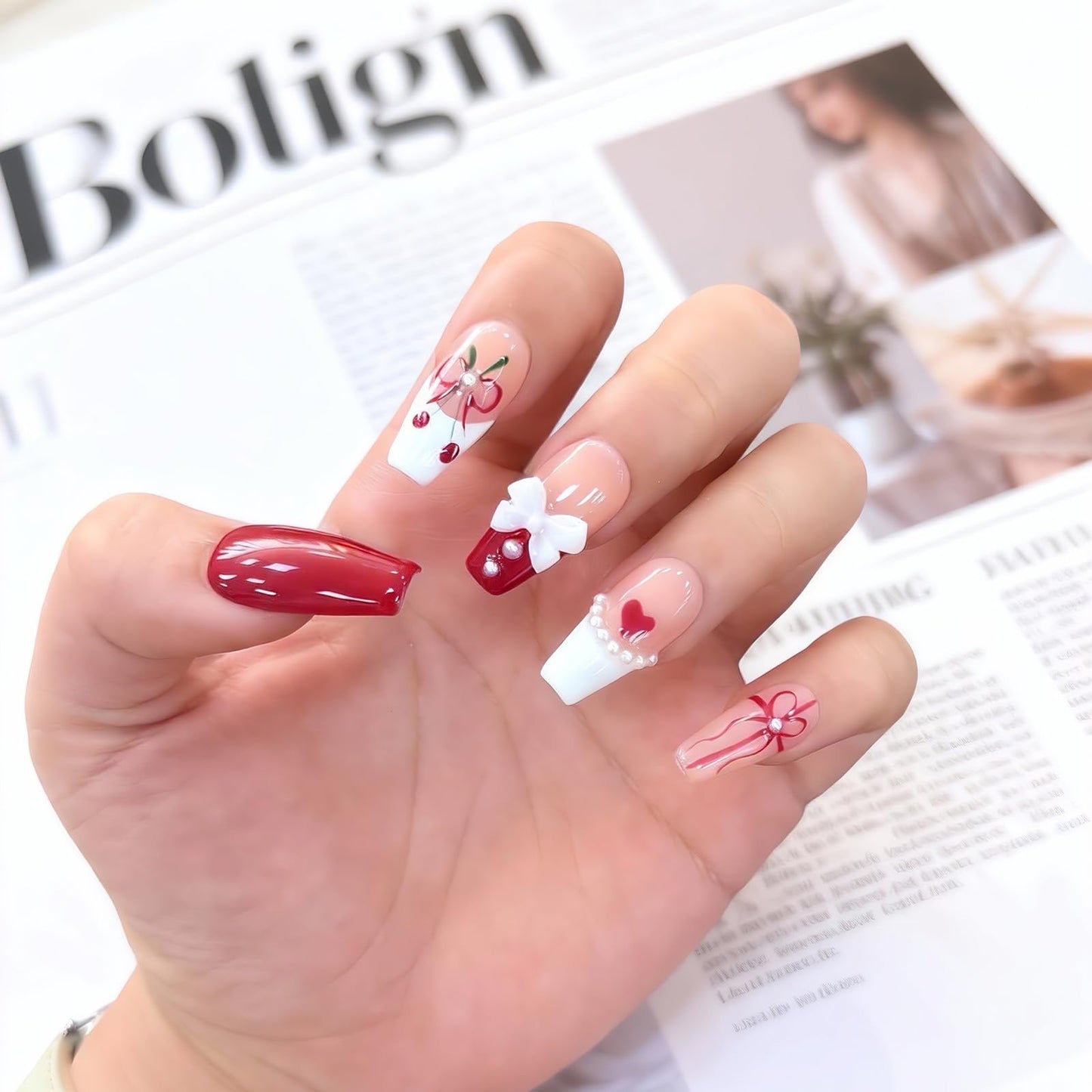 Luxury Handmade Press On Nails - Coffin 3D Bows & Cherry Pearls, French Red Reusable False Nails for Date Night & Spring Party, Salon-Grade Gel Acrylic Nail Art (M-10PCS)
