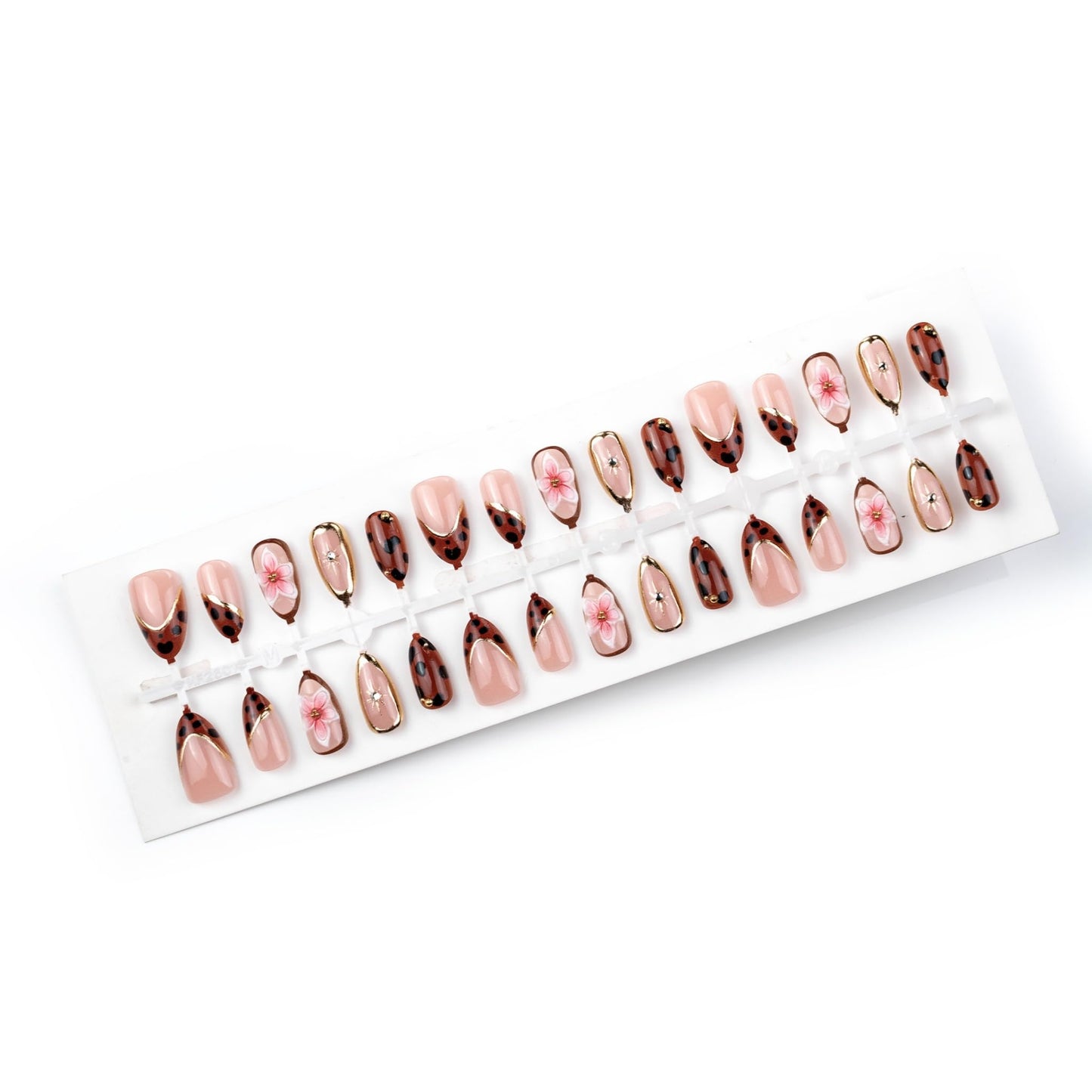 Medium Press on Nails Almond Fake Nails Brown Artificial Nail Tortoise Stick on Nail with 3D Flower Gold Frame Rhinestone Accent for Women 30pcs