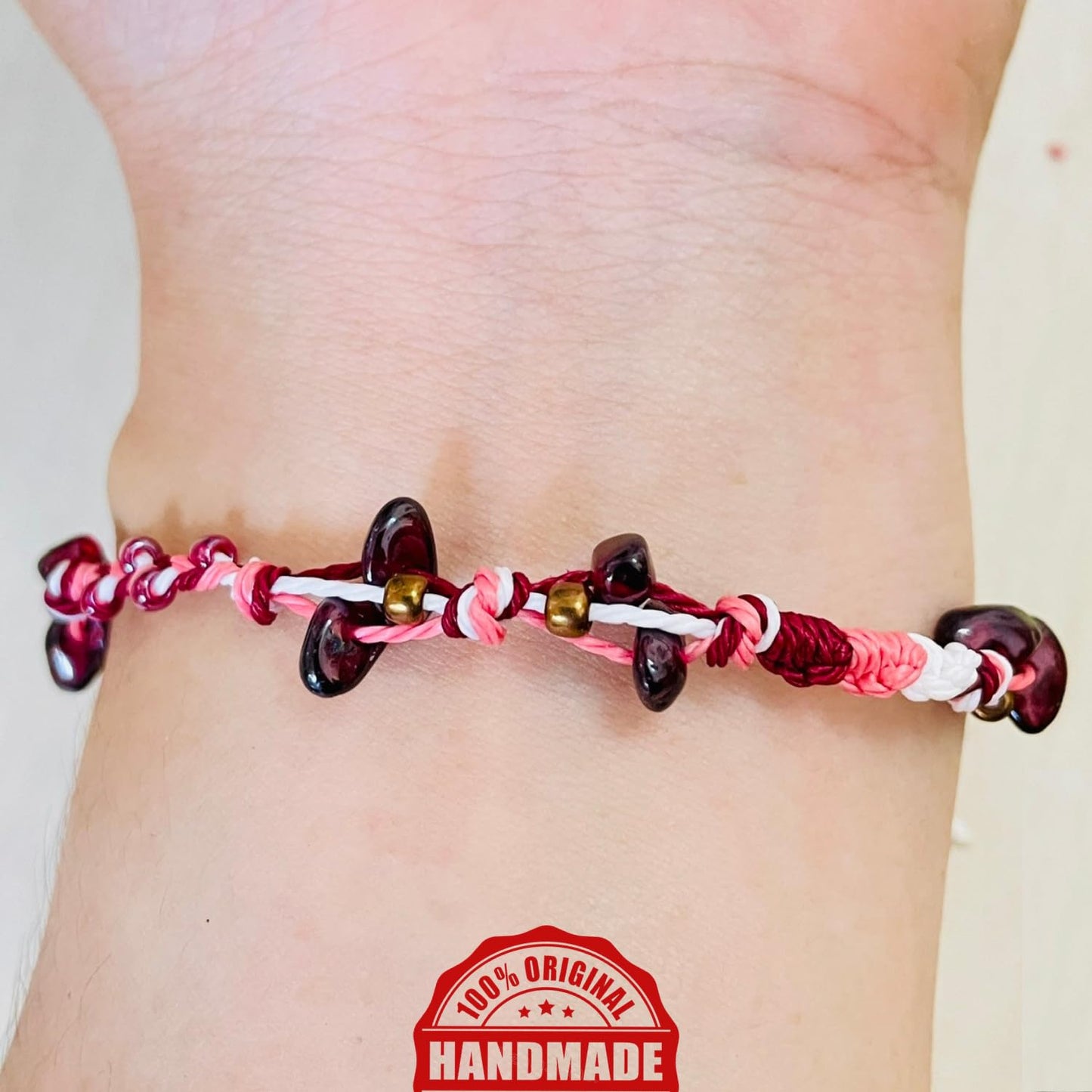 PusSoul Handmade Small Garnet Crystal Bracelet (6.5-7.5'') - Hand Braided, Natural Crystal, Adjustable, Waterproof, Chakra Beaded - Valentine Gifts for Women, Girlfriend & Couples from