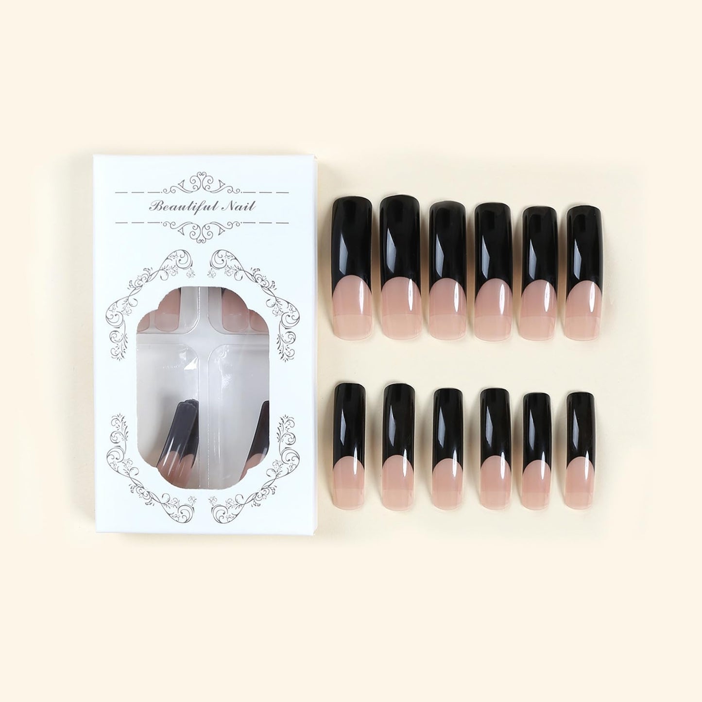 IMSOHOT Curved Press on Nails Extra Long Fake Nails Black French Tips False Nails Full Cover Glossy Stick on Nails for Women 20Pcs