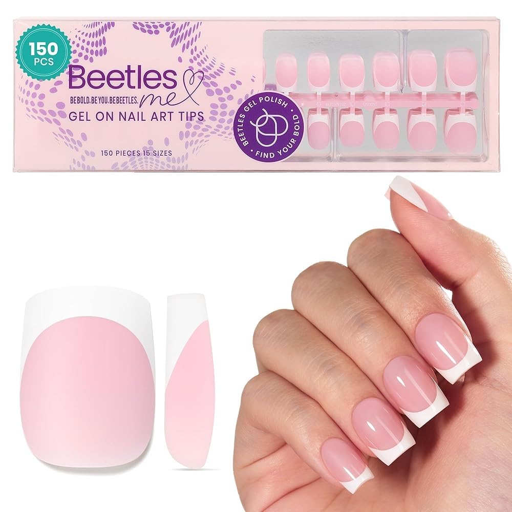 Beetles French Tip Press On Nails: 150 Pcs Pink Short Square Press On Nails with Gel Polish 25 Colors Fall Winter Gel Nail Polish Set