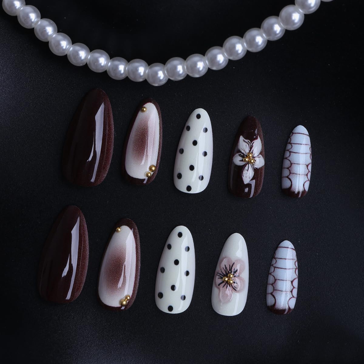 Medium Almond Press On Nails - White Fake Nails with Flower, Black Polka Dot & Crocodile Print Design,Reusable Glue On Nails for Women Daily Manicure 24Pcs