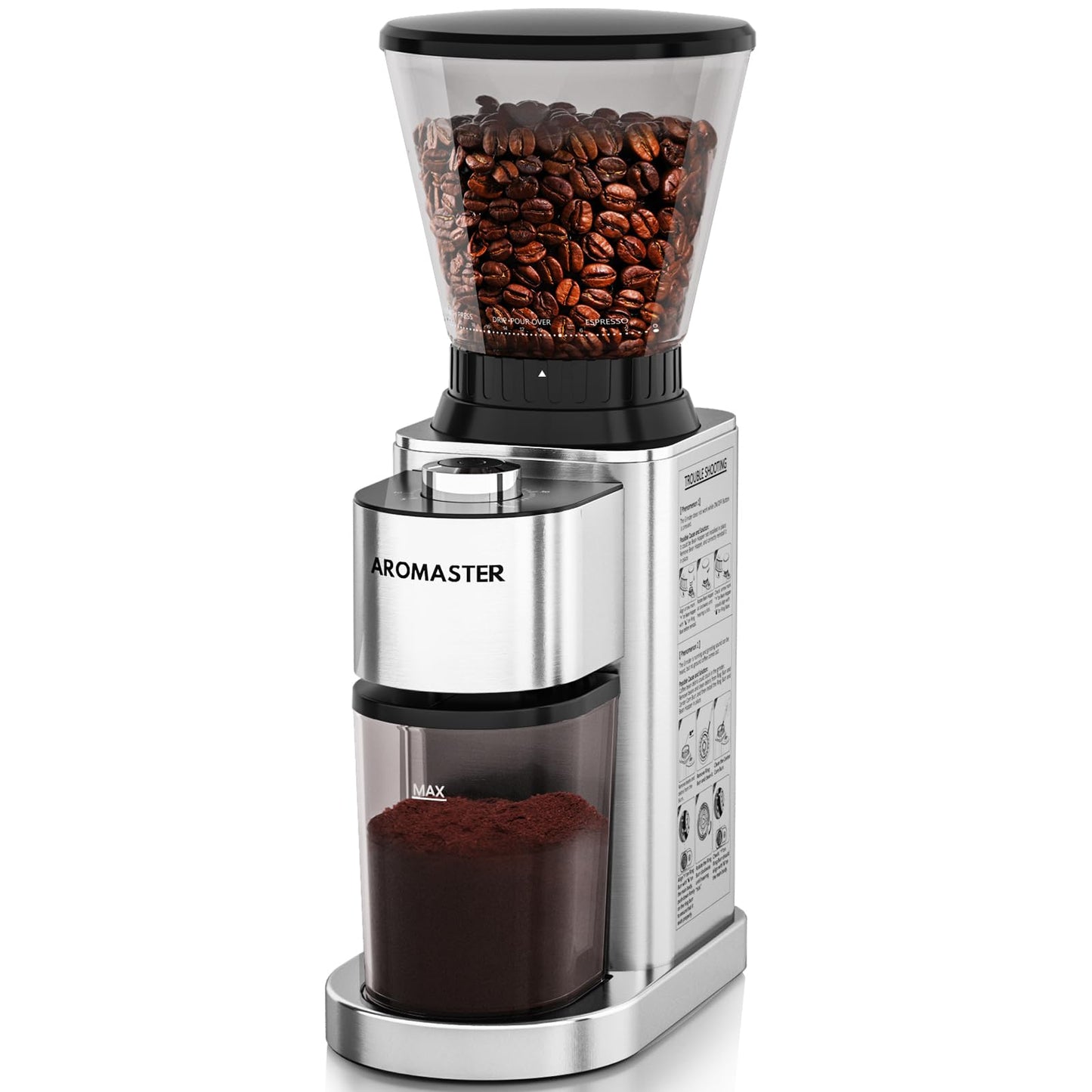 Aromaster Burr Coffee Grinder with 48 Gind Settings, Conical Coffee Bean Grinder for Home Use,Stainless Steel,40 Seconds Adjustable Timer,Anti-static,Easy to Clean with Brush