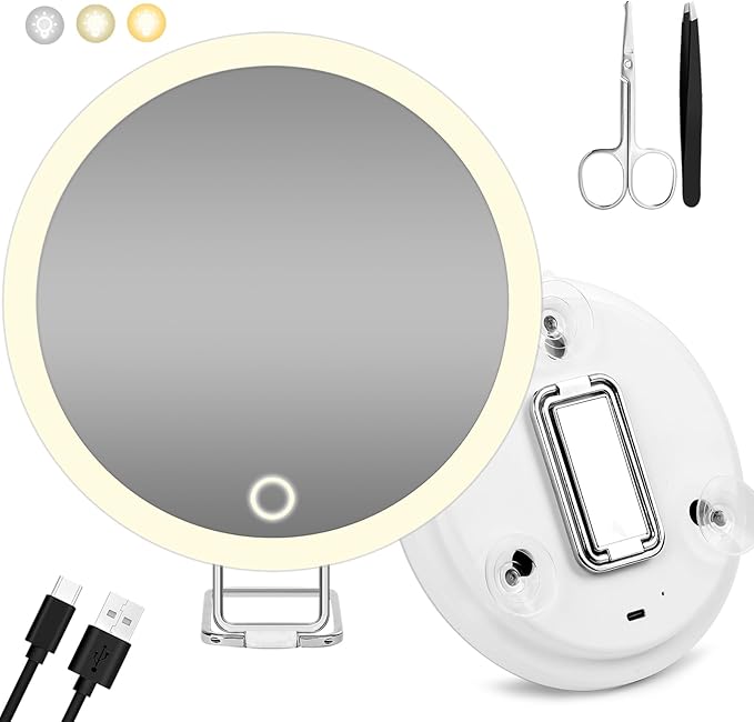 Rechargeable 30X LED Magnifying Mirror with 3 Colors Modes Dimming Light, 6" Makeup Mirror with 3 Suction Cups and 360 Table Stand